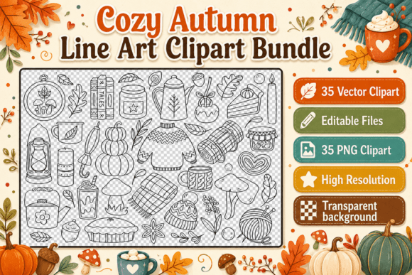 Cozy Autumn Line Art Clipart Bundle: 35 Designs for Fall Crafts