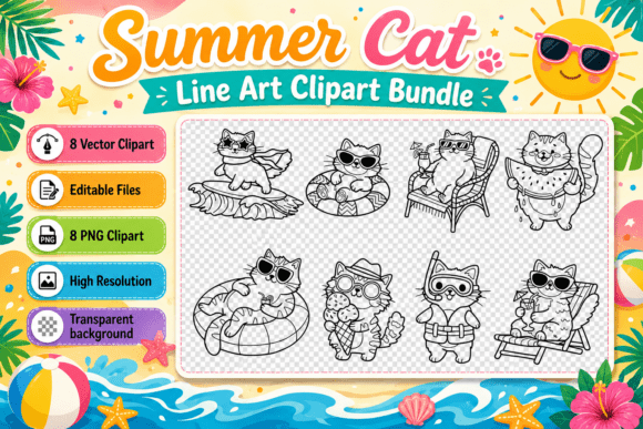 Cute Summer Cat Line Art Clipart for Creative Projects