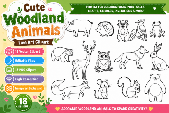 Cute Woodland Animals Line Art Clipart: A Designer's Delight